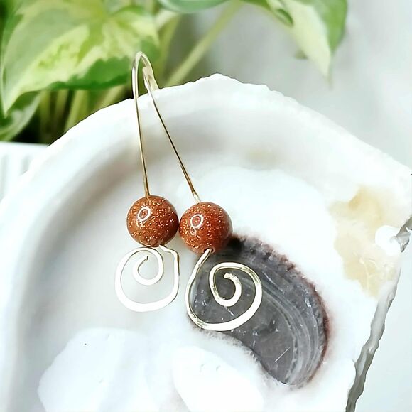 Hammered Goldstone Beaded Dangle Earrings, Gold or Silver, 1.5" - Picture 2 of 6